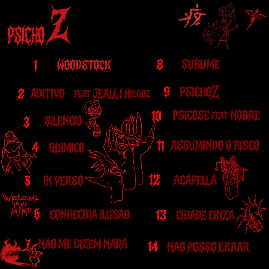 Contracapa de psicoZ com os 14 títulos que dão nome aos minigames.