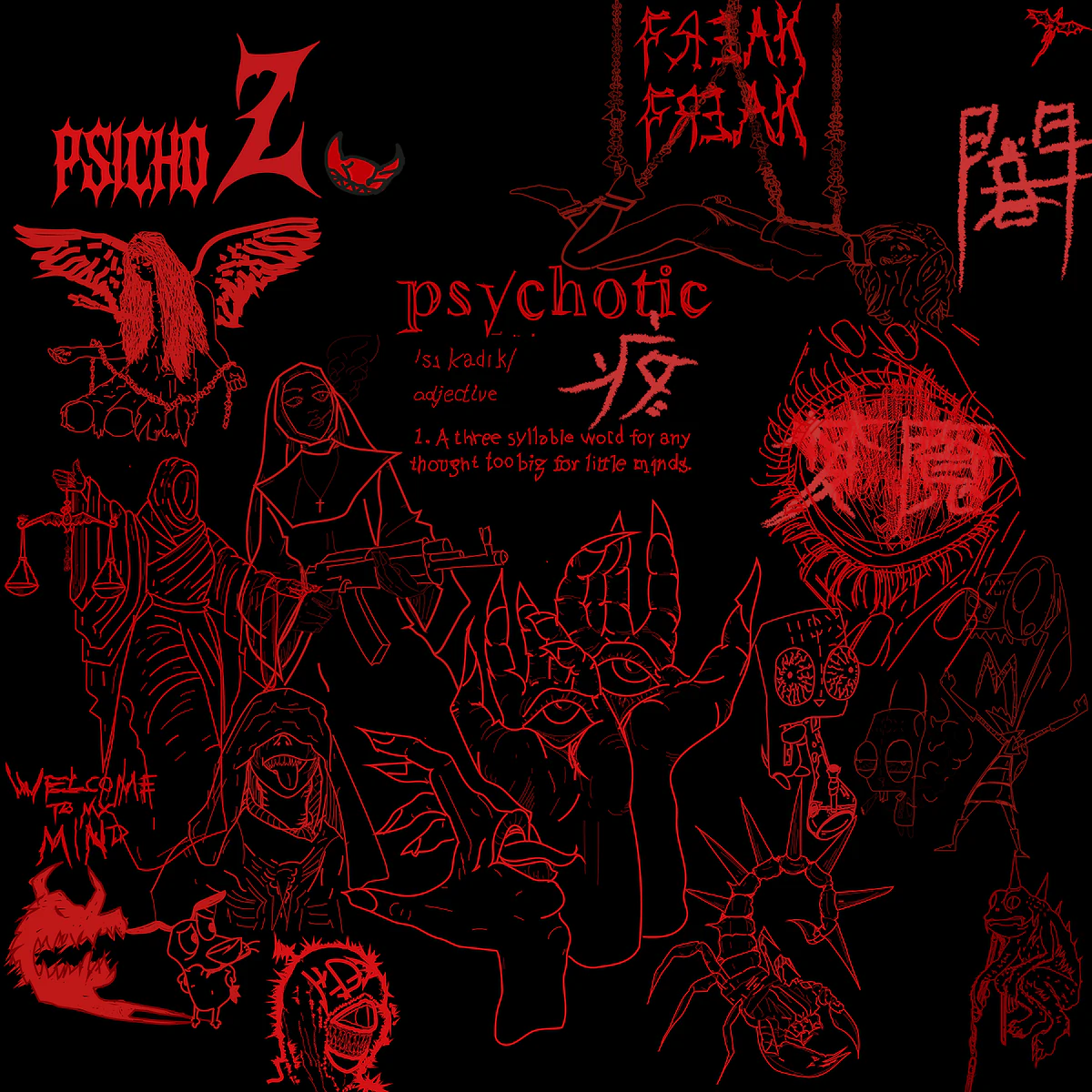 Capa de psicoZ: colagem de desenhos vermelhos sobre preto, com mãos, olhos, correntes e figuras surreais.