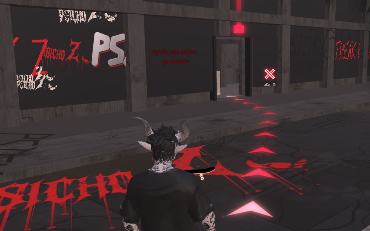 A cidade de psicoZ: o personagem diante de um prédio grafitado com o nome do álbum, e o rastro vermelho que leva à próxima faixa.